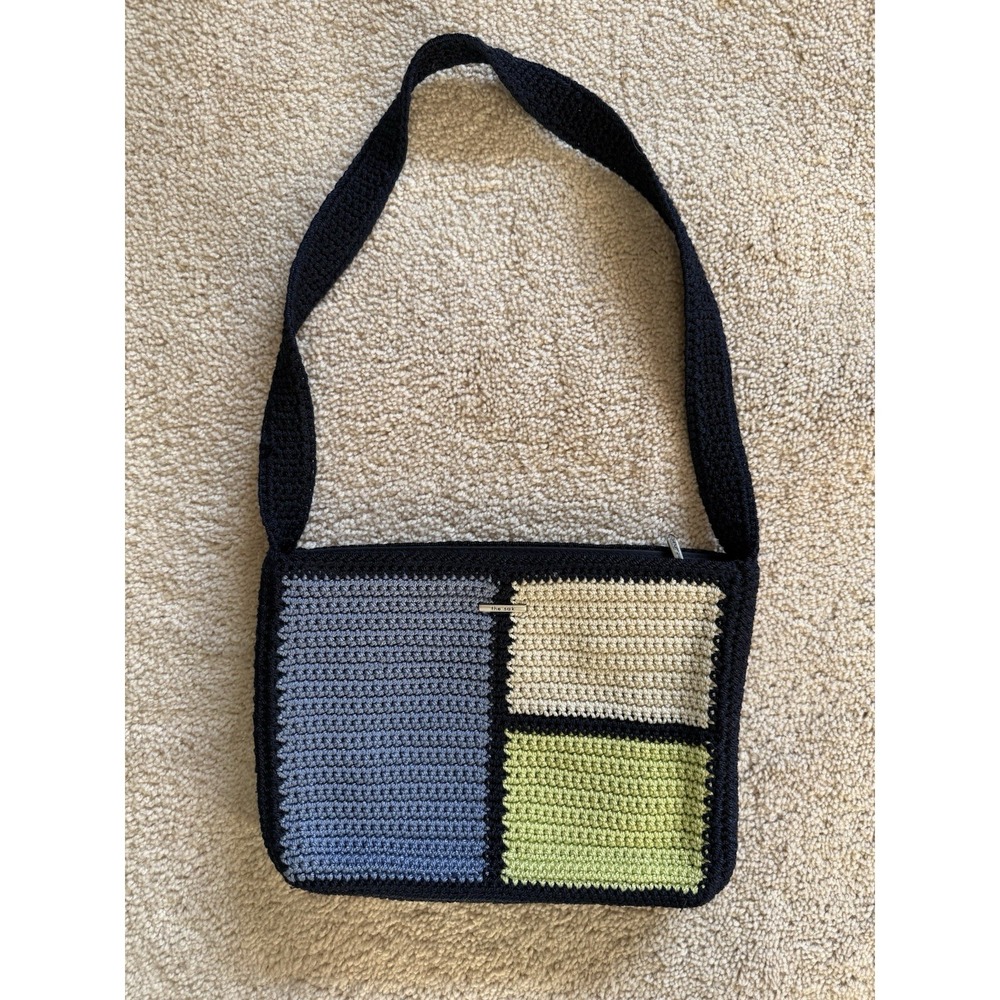 The SAK Handbag Navy Blue Crocheted Color Block Purse Shoulder Bag‎